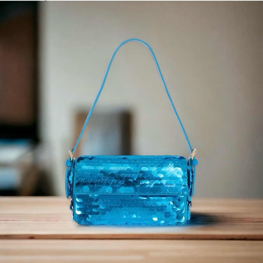 New Bloomingdale’s Exclusive AQUA Sequin Small Shoulder HandBag - Blue